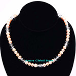 New 6-7mm Natural Fresh Water Pearl in Orange Color & Cut Facet Natural Clear Crystal Quartz Design Necklace, Love Gift